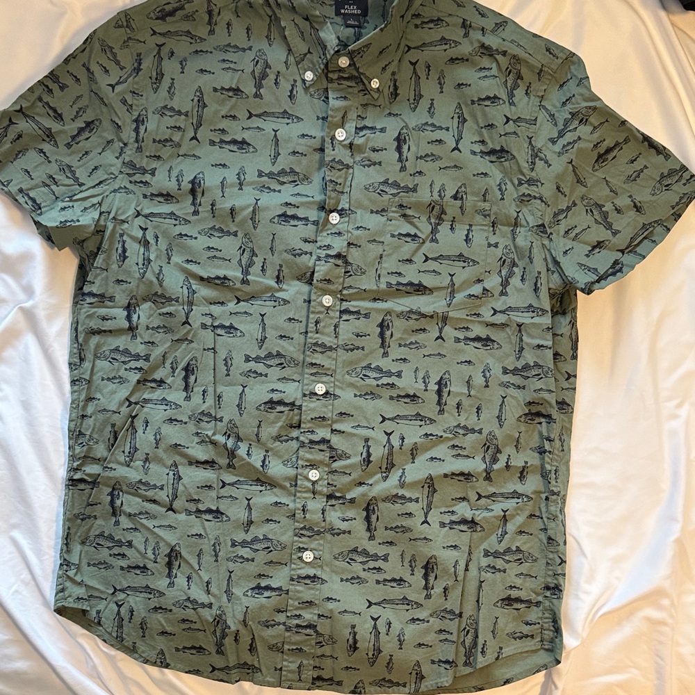 J. Crew Olive Fish Print Button Down Shirt